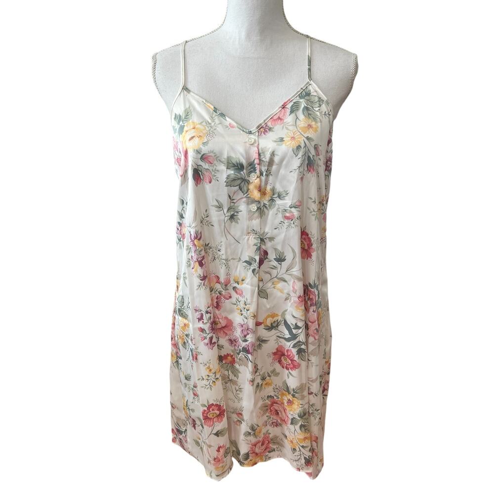Barbizon White Floral Satin Chemise Nightgown M